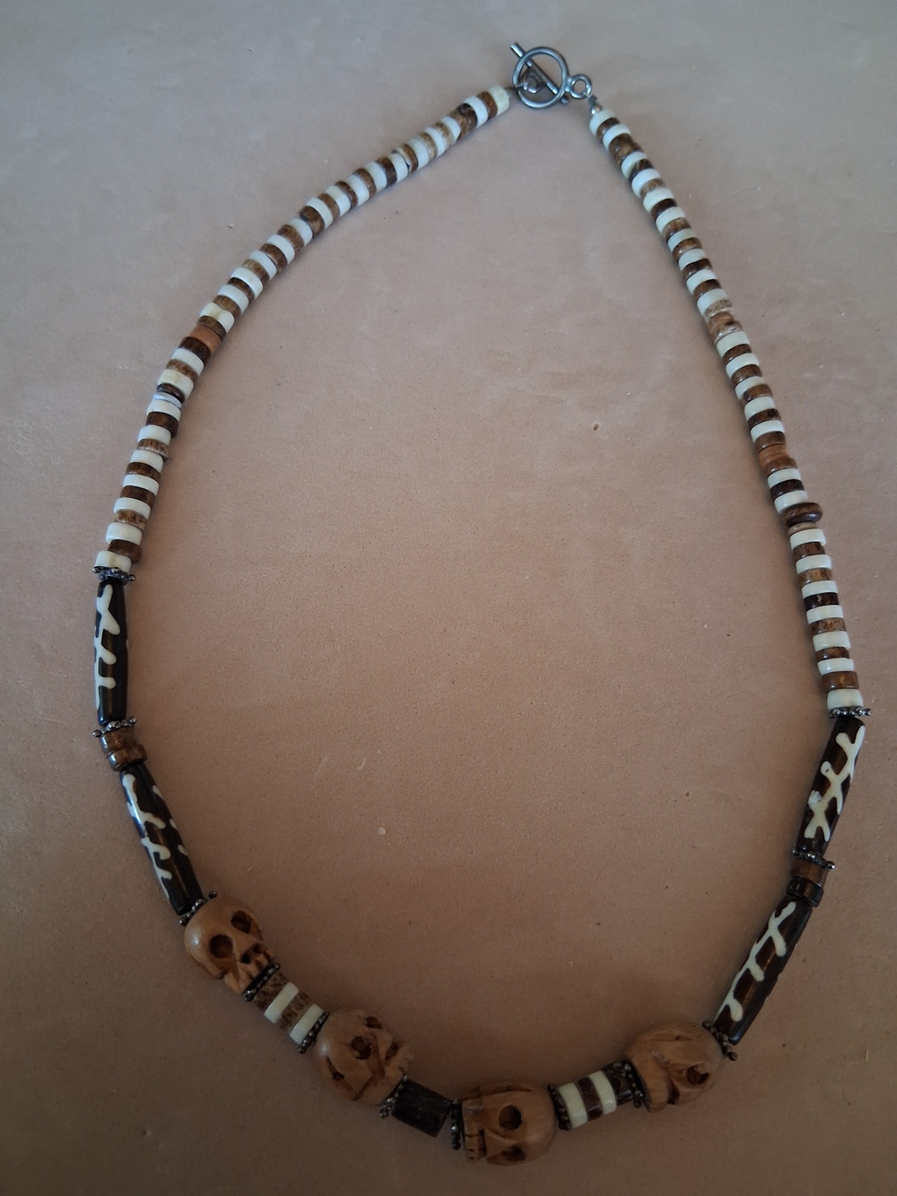 Unique Tribal Brown and White Wood Skull Bead Necklace